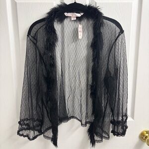 Victoria’s Secret Sheer Y2K Top Feather Trim Open Front Whimsigoth Black Ruffle